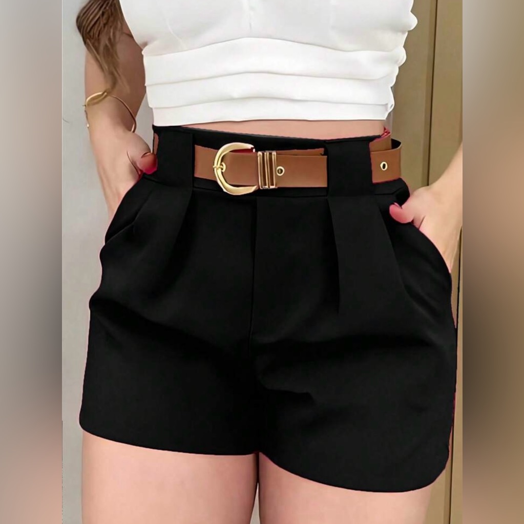 Black Pleated Women Shorts With Brown Belt